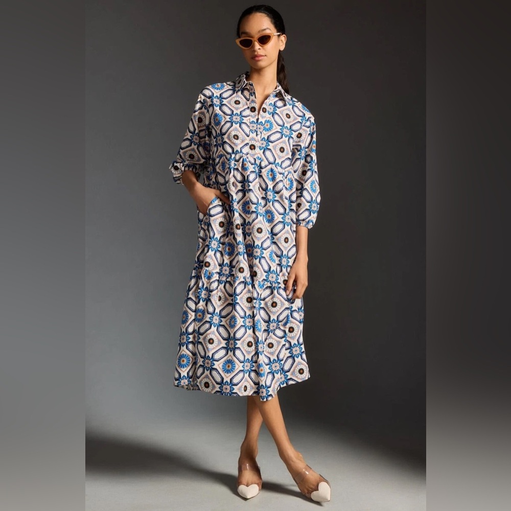 Anthro Maeve Tile Print Bettina Tiered Shirt Dress with Pockets, Sapphire, 1X